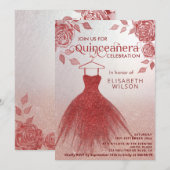 Rode rozen rode glitter jurk Quinceañera Uitnodigi Kaart (Voorkant / Achterkant)