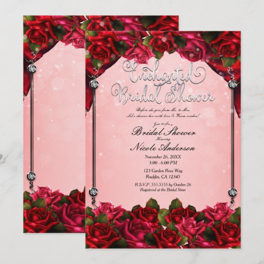 Rode Rozen & Roze Glam Bloemrijke Bruidsdouche Kaart (Voorkant / Achterkant)