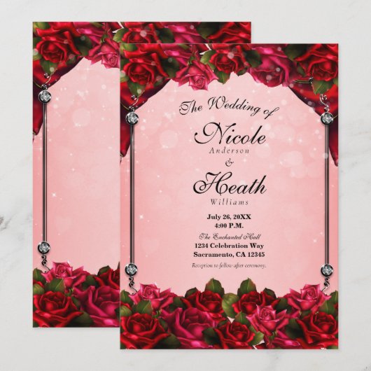 Rode Rozen & Roze Glamour Bruiloft Kaart (Voorkant / Achterkant)