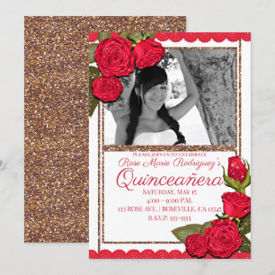 Rode Rozen Roze Goud Glitter Quinceañera Verjaarda Kaart