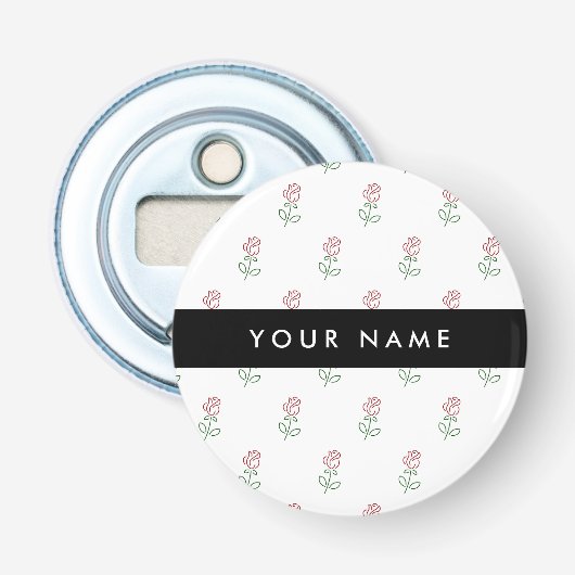 Rode Rozen, Rozenpatroon, Uw Naam Button Flesopener (Voorkant)