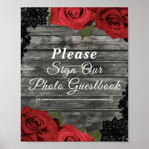 Rode rozen Rustic Black Lace Wedding Guestbook Poster