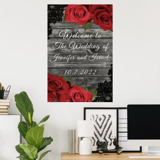 Rode rozen Rustic Black Lace Wedding Wedding Sign Poster (Thuiskantoor)