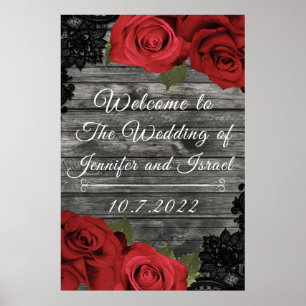 Rode rozen Rustic Black Lace Wedding Wedding Sign Poster