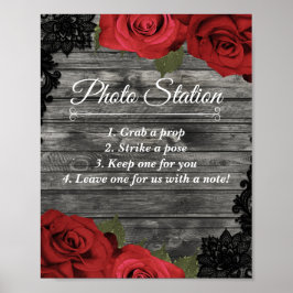 Rode Rozen Rustic Zwarte Kant Trouwfotostation Poster