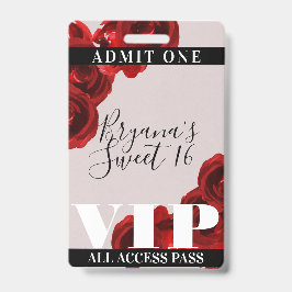 Rode Rozen Rustieke Chic Sweet 16 VIP Pas Badge