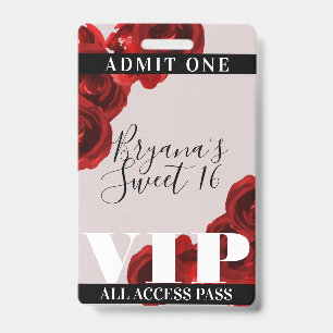 Rode Rozen Rustieke Chic Sweet 16 VIP Pas Badge