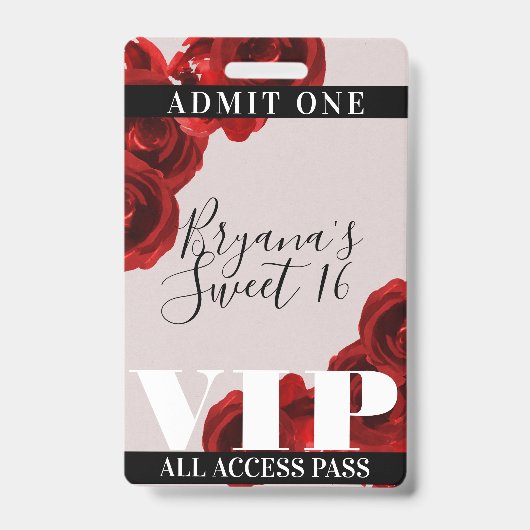 Rode Rozen Rustieke Chic Sweet 16 VIP Pas Badge (Voorzijde)