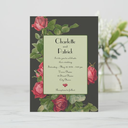 rode rozen salie groen bruiloft uitnodiging (Staand voorkant)