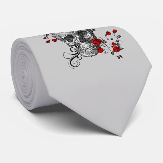Rode Rozen Schedel Stropdas (Opgerold)