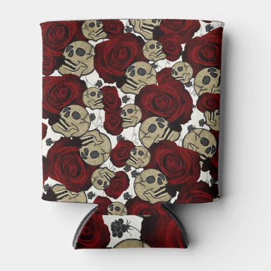 Rode Rozen & Schedels Grijs Wit Bloemen Gotisch Blikjeskoeler (Voorkant)