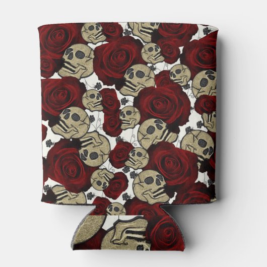 Rode Rozen & Schedels Grijs Wit Bloemen Gotisch Blikjeskoeler (Achterkant)