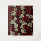 Rode Rozen & Schedels Grijs Zwart Bloemmotief Goth Wandkleed (Voorkant)