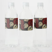 Rode Rozen & Schedels Grijs Zwart Bloemmotief Goth Waterfles Etiket (Flessen)