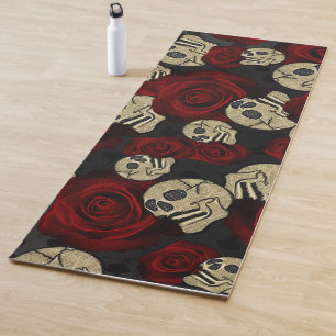 Rode Rozen & Schedels Grijs Zwart Bloemmotief Goth Yogamat