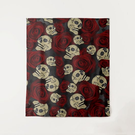Rode Rozen & Schedels Grijs Zwart Bloemmotief Goti Wandkleed (Voorkant)
