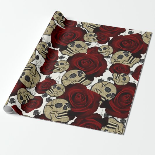 Rode Rozen & Schedels Zwart Bloemmotief Goth Wit Cadeaupapier (Uitgerold)
