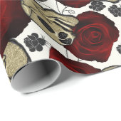 Rode Rozen & Schedels Zwart Bloemmotief Goth Wit Cadeaupapier (Rol Hoek)