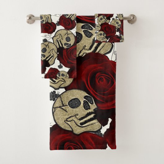 Rode Rozen & Schedels Zwarte Bloem Gothic Wit Bad Handdoek (Insitu)