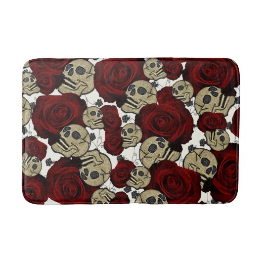 Rode Rozen & Schedels Zwarte Bloem Gothic Wit Badmat (Voorkant)