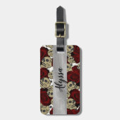 Rode Rozen & Schedels Zwarte Bloem Gothic Wit Bagagelabel (Voorkant verticaal)