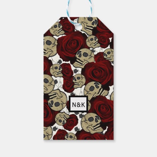Rode Rozen & Schedels Zwarte Bloem Gothic Wit Cadeaulabel (Voorkant)