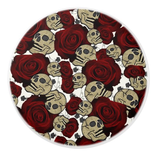 Rode Rozen & Schedels Zwarte Bloem Gothic Wit Keramische Knop (Voorkant)
