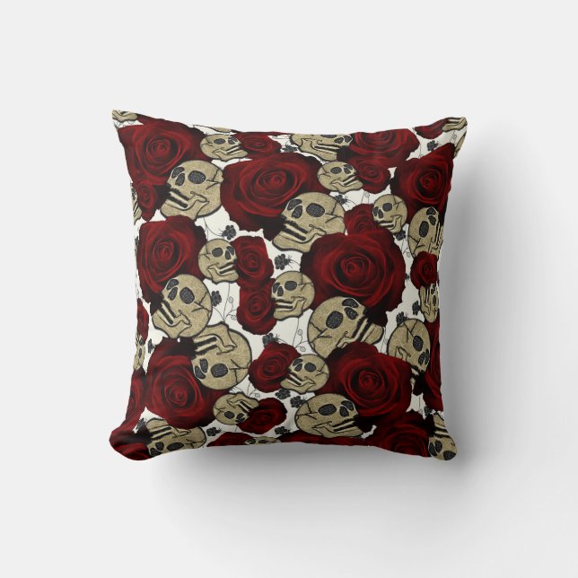 Rode Rozen & Schedels Zwarte Bloem Gothic Wit Kussen (Voorkant)