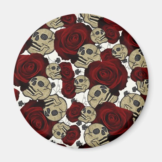 Rode Rozen & Schedels Zwarte Bloem Gothic Wit Magneet (Voorkant)