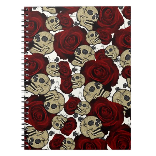 Rode Rozen & Schedels Zwarte Bloem Gothic Wit Notitieboek (Voorkant)