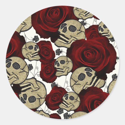 Rode Rozen & Schedels Zwarte Bloem Gothic Wit Ronde Sticker (Voorkant)