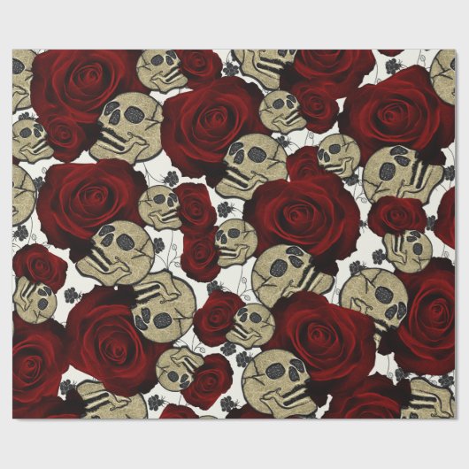 Rode Rozen & Schedels Zwarte Bloem Gotisch Wit Cadeaupapier (Vlak)