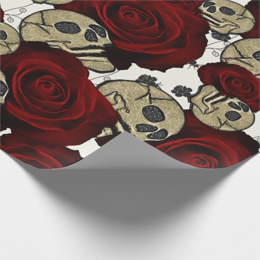 Rode Rozen & Schedels Zwarte Bloem Gotisch Wit Cadeaupapier (Hoek)