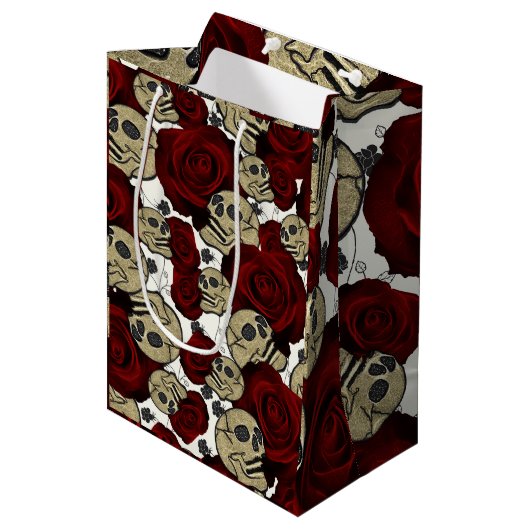 Rode Rozen & Schedels Zwarte Bloemen Goth Wit Medium Cadeauzakje (Voorkant Gekanteld)