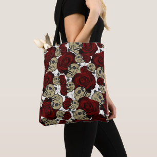 Rode Rozen & Schedels Zwarte Bloemen Gothic Wit Tote Bag
