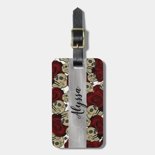 Rode Rozen & Schedels Zwarte Bloemrijke Gotische W Bagagelabel (Voorkant verticaal)