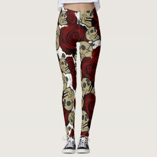 Rode Rozen & Schedels Zwarte Flora Gotisch Wit Leggings