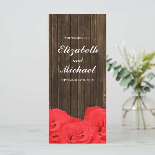 Rode Rozen Schuur Hout Wedding Programma Programmakaart (Staand voorkant)