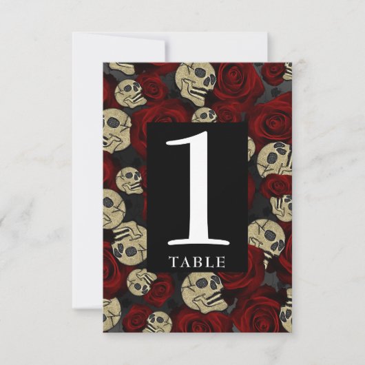 Rode rozen Skulls Black Floral gothic Table Number Kaart (Voorkant)