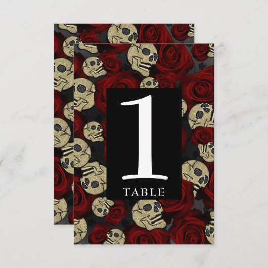 Rode rozen Skulls Black Floral gothic Table Number Kaart (Voorkant / Achterkant)