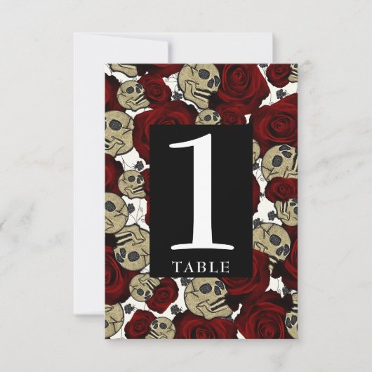 Rode rozen Skulls Black Floral gothic Table Number Kaart (Voorkant)