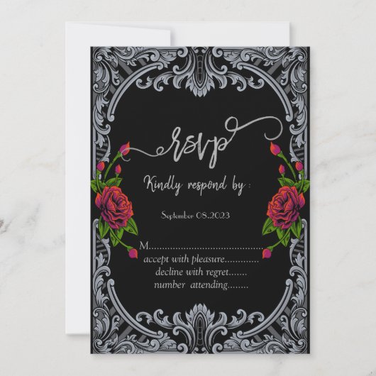 Rode rozen, strepen Gothic RSVP Kaart (Voorkant)