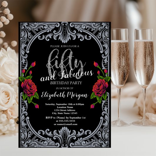 Rode rozen, strepen Gotische 50e verjaardag Kaart