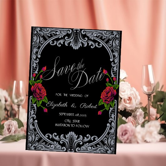 Rode Rozen,Stripes Gothic Bewaar de Datum Save The Date