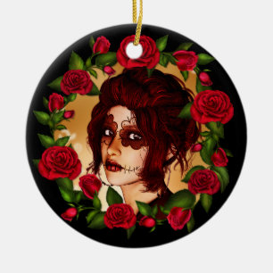 Rode rozen suikerdollar keramisch ornament