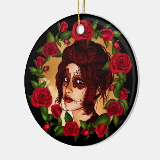 Rode rozen suikerdollar keramisch ornament (Links)