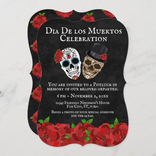  rode rozen suikerschedels Dia de Muertos Kaart (Voorkant / Achterkant)