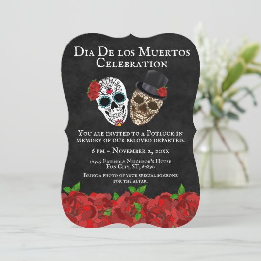  rode rozen suikerschedels Dia de Muertos Kaart (Staand voorkant)