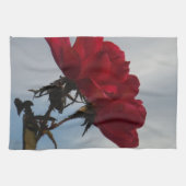 Rode rozen tegen een heldere blauwe hemel theedoek (Horizontaal)