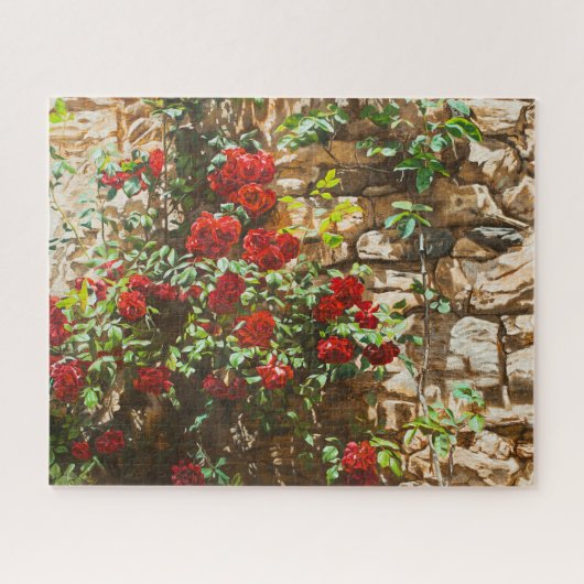 Rode rozen tegen een stenen muur legpuzzel (Horizontaal)